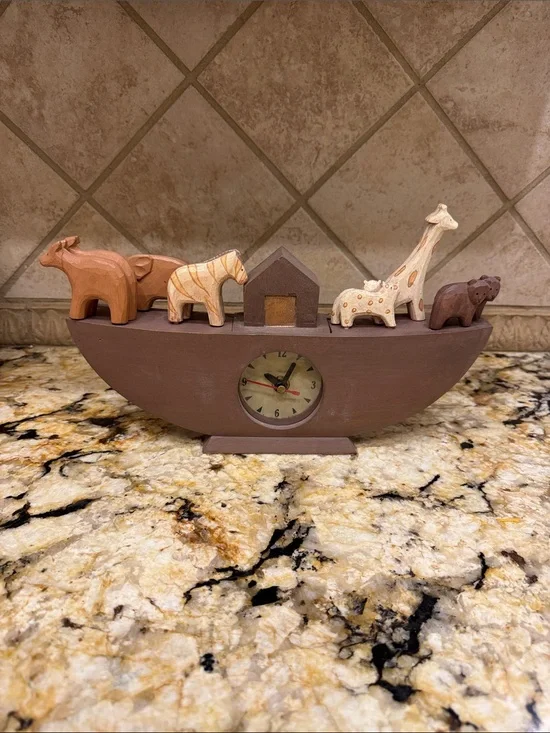 Wooden Noah's Ark Clock - Animal Figurines. Measures 13 inches long and 7 inches