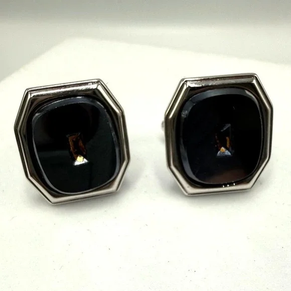 Hickok‎ USA Vintage Mens Octagon Cabochon Silver Tone Toggle Cufflinks
