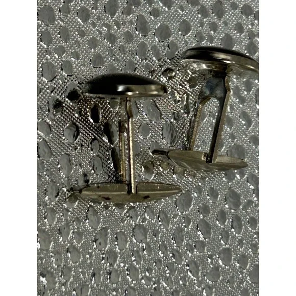 Pioneer Vintage Mens Silver Tone Black Cabochon Round Toggle Back‎ Cufflinks