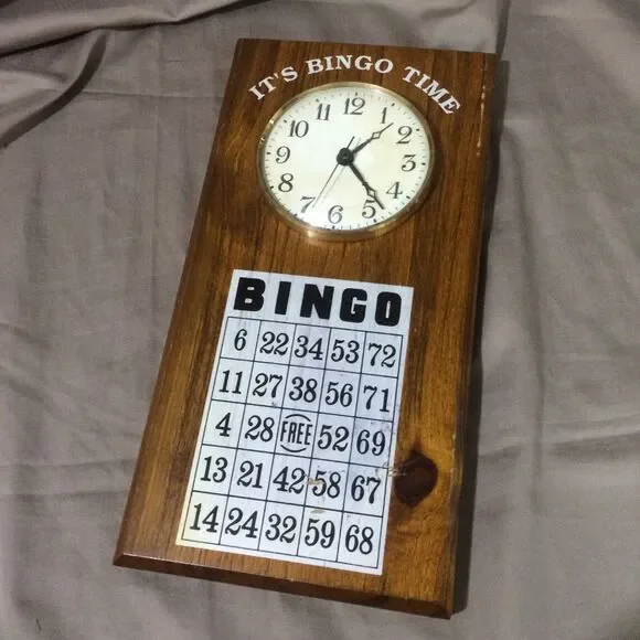 It's Bingo Time Vintage Wood Wall Clock Bingo Card Plaque Works 11x5.5