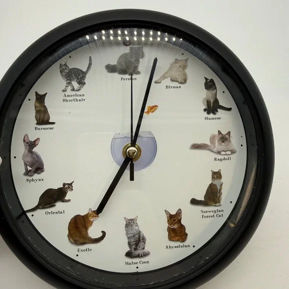 Cat Breeds Wall Clock Black Analog Quartz Feline Pet Lover 8 Inch WORKS