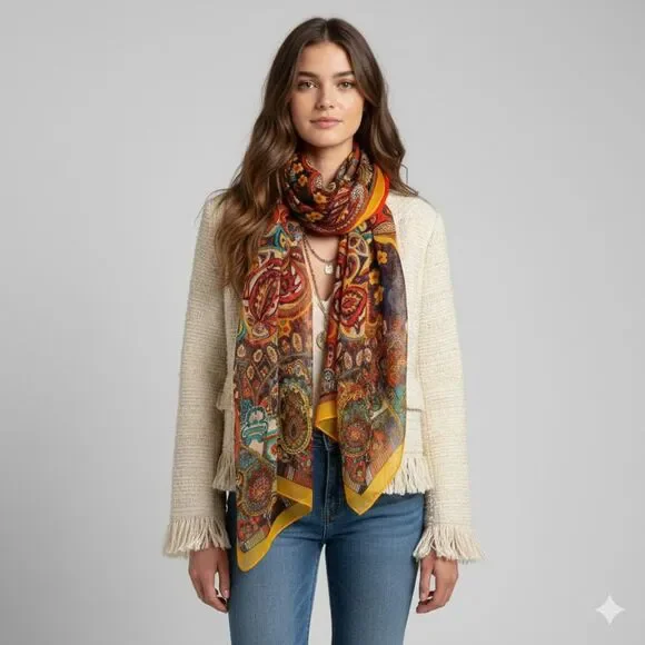 Scarf Large Multi Color Orange Yellow Layering Paisley Scarf Shawl