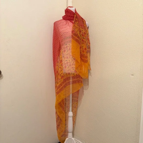 Oversized Floral Silk Chiffon Scarf Orange Red Sheer Wrap Shawl Boho Rustic Fall