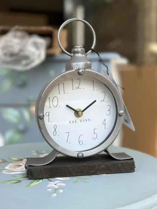 Rae Dunn Silver Metallic Table Clock with White Face