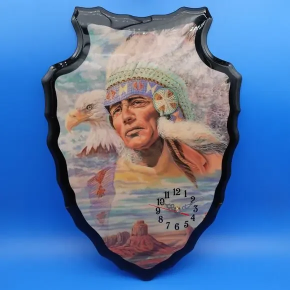 Native American Chief Eagle Arrowhead Wall Clock Quartz Battery Operated 21x15