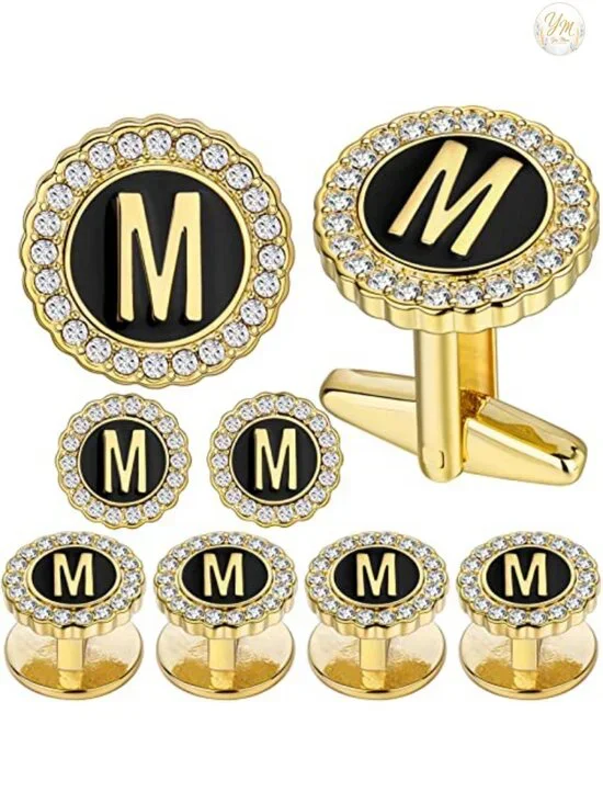 18K Gold Tone Initial Cufflinks for Men with Tuxedo Studs, Gift Boxed