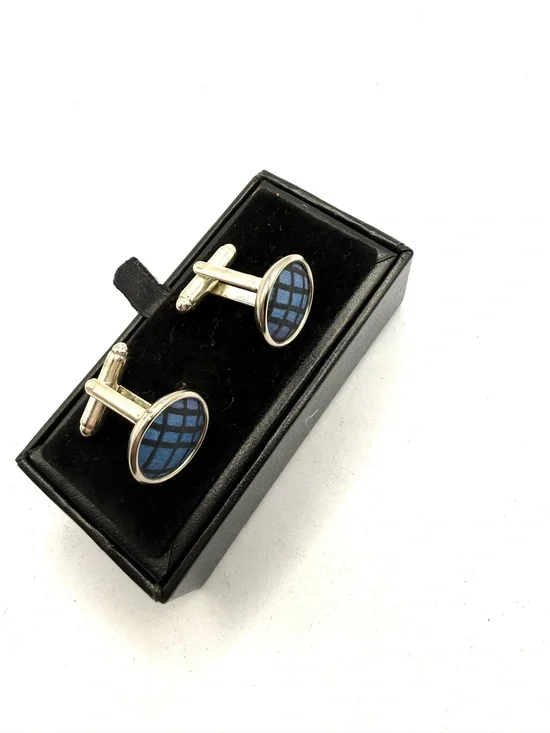 Men's  Silk Blue Plaid Oval Cufflinks - Silver Frame