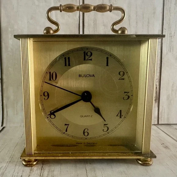 Bulova B2614 Gold Tone Quartz Carriage Clock Germany Vintage Mantel Desk WORKS