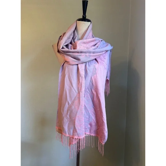 Silk Cashmere Shawl Scarf Pink Lavender Floral Lace Wrap boho dainty fringe fest