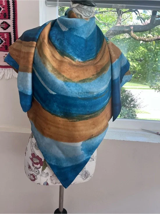 Hand-Painted Blue and Brown Abstract Silk Scarf double layer