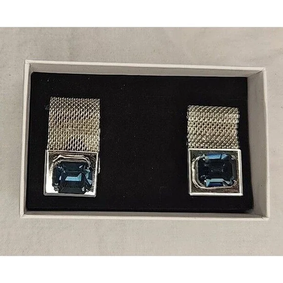 Cufflinks Silver Tone Mesh Wrap Aqua Blue Glass Stones Simulated 1960s Vintage