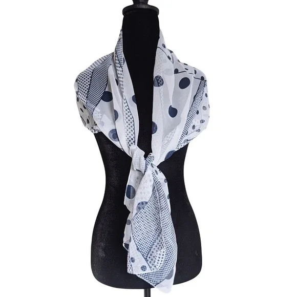 Vintage 90s Maximalism Romantic Navy Blue Geometric Polka Dot Sheer Silk Scarf