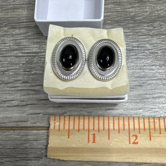 Vtg Estate Silver‎ Tone ANSON Black Lucite Center Stone Oval Dress Cufflinks