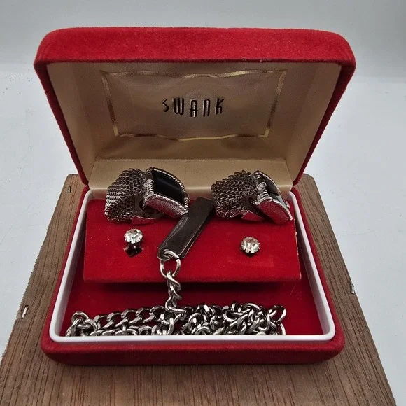 NIB Vintage Swank Cufflinks & Tie Clip Black Onyx‎ Silver Tone Mesh Set