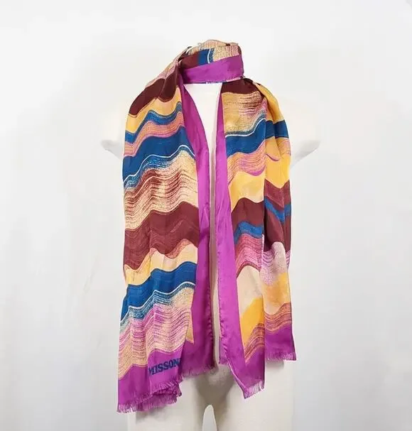Missoni Foulard Silk Scarf Wrap Purple Waves Print Rectangular 76 x 26