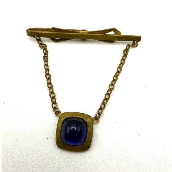 Vintage Brass Tie Bar Blue Cabochon‎ Stone Dangling Chain Mens Accessory