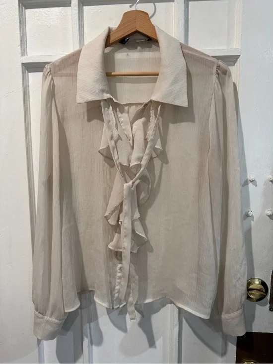 Zara Cream Ruffle Tie-Neck Blouse
