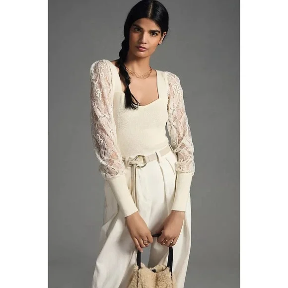 Anthropologie Sweater Sweetheart Lace Sleeve Romantic Coquette Ivory M