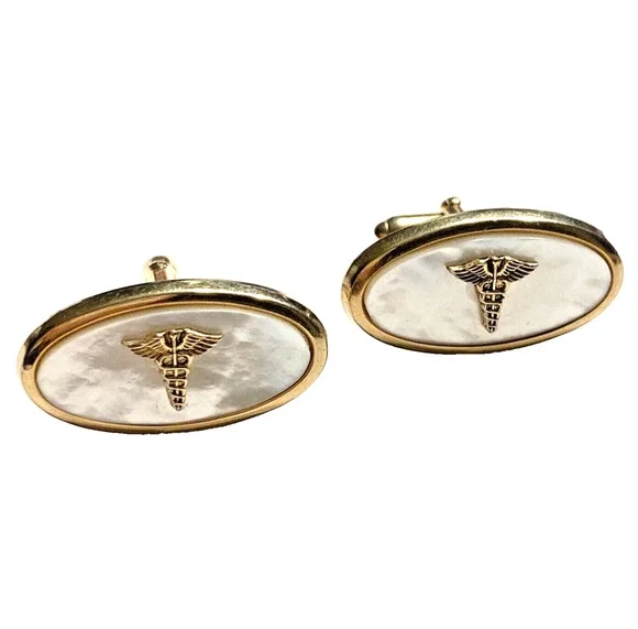 Mid Century Anson Cuff Links Mens Fashion Jewelry Gift Gold MOP Caduseus medical