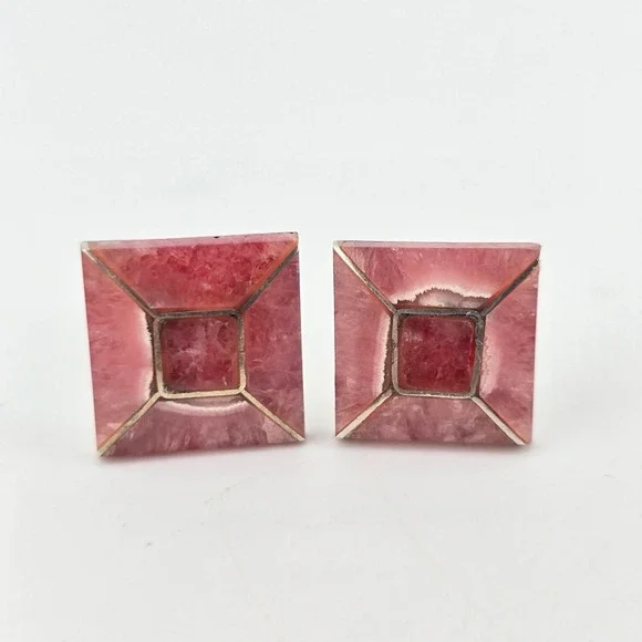 950 Fine Silver MCM (Rhodochrosite?) Stone Inlay Cufflinks