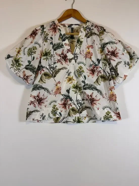 Anthropologie Women’s Medium Petit Floral Cotton Puff Sleeve Blouse Ivory Green