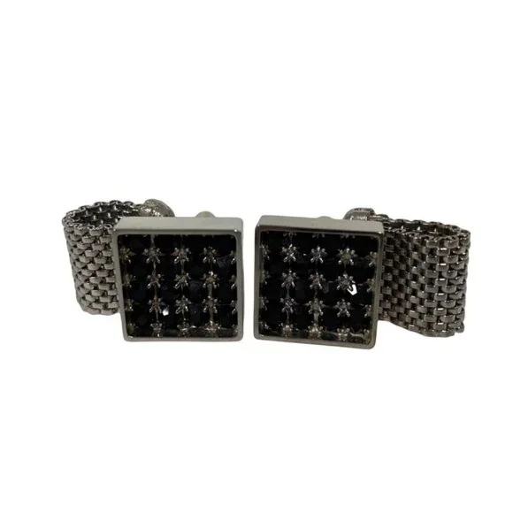 Lucien Perreaux Vintage Cuff Links Silver‎ Toned Black Rhinestone Square