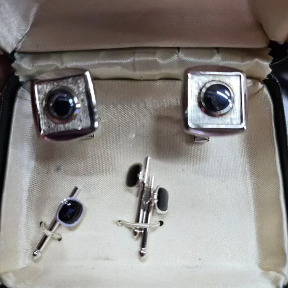 Vintage Chalette 5032 Cufflinks & Studs Silver Black Gray Stone Cowboy Classic