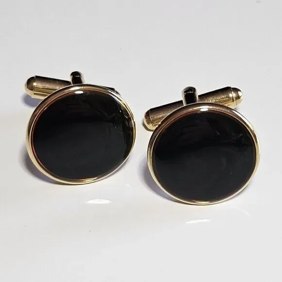 Black Enamel Gold Tone Cufflinks Mens Round Button Lightweight 3/4 Inch Vintage