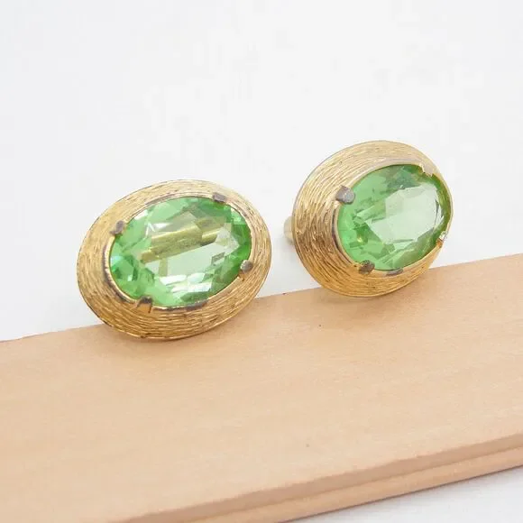 Vintage Swank Green Glass Gold Tone Oval Cufflinks Mens Formal Wedding Groomsmen