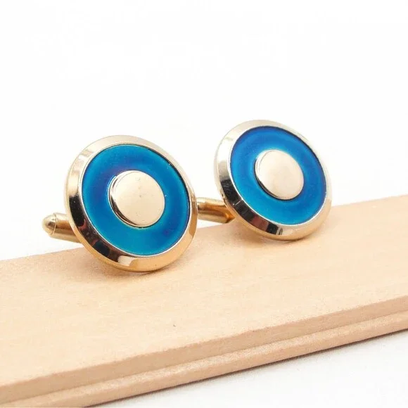 Vintage Swank Blue Enamel Cufflinks Gold Tone Round Circle MCM Formal Wedding