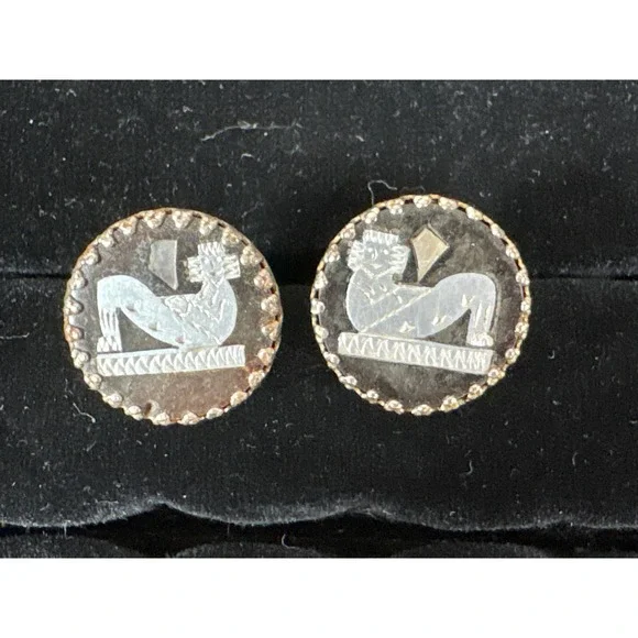 Vintage Mother of Pearl Sphinx Carved Cufflinks Gold Tone Round Mythological