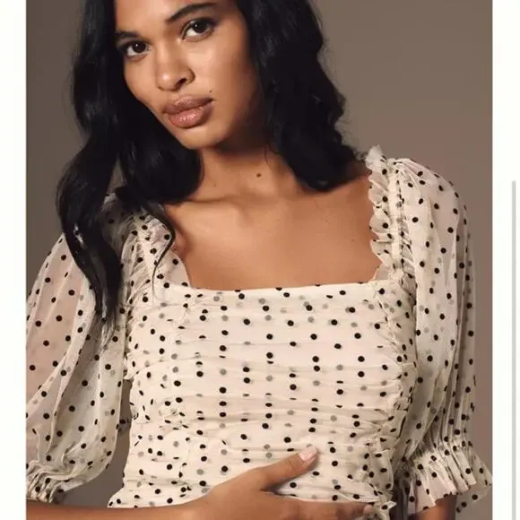 Anthropologie Maeve Ivory Black Polka Dot Ruched Puff Sleeve Blouse S