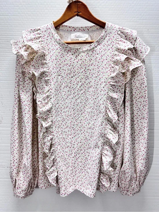 Anthropologie Blouse Dainty Pink Floral Print Ruffle Long Sleeve Blouse Large