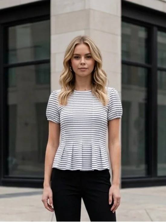 Anthropologie Maeve Corset Black and White Striped Puff Sleeve Blouse Womens XXS