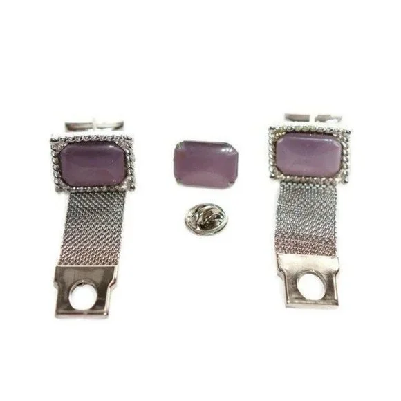 Cuff Links and Tie Tack Set Purple Lavender Satin Glass Silver Toned Boxed Set M
