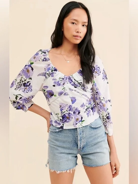 Anthropologie Floral‎ Puff Sleeve Blouse Purple Print Cotton S