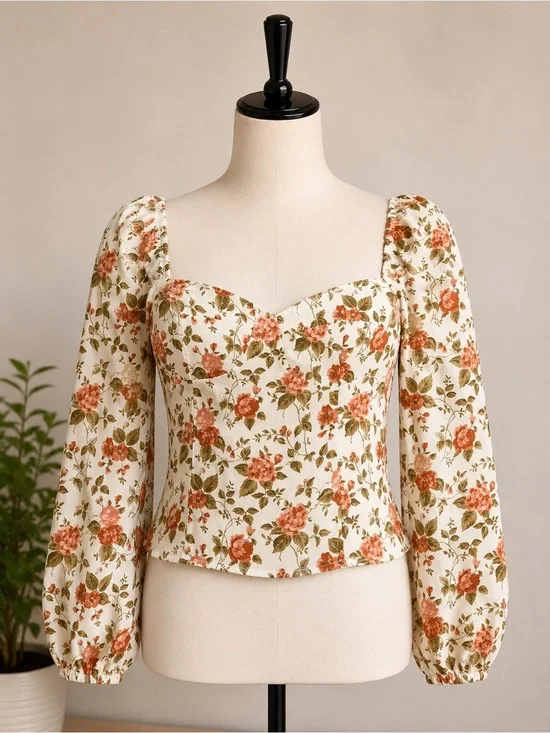 Reformation Floral Sweetheart Puff-Sleeve Top in Cream and Coral