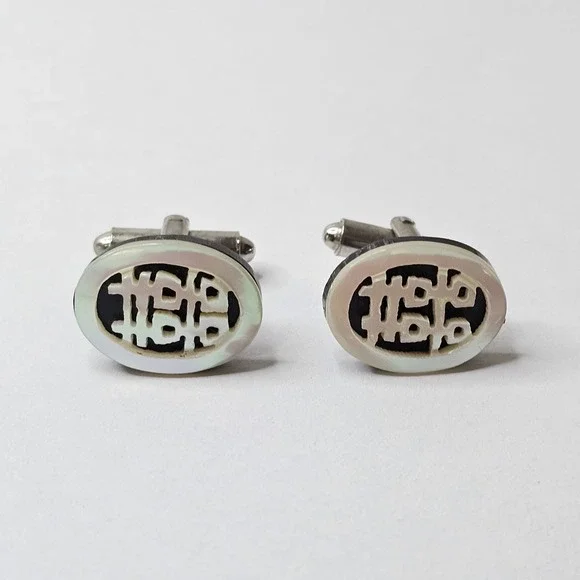 Vintage Mother of Pearl Shou Longevity Character Oval Cufflinks Silver Tone