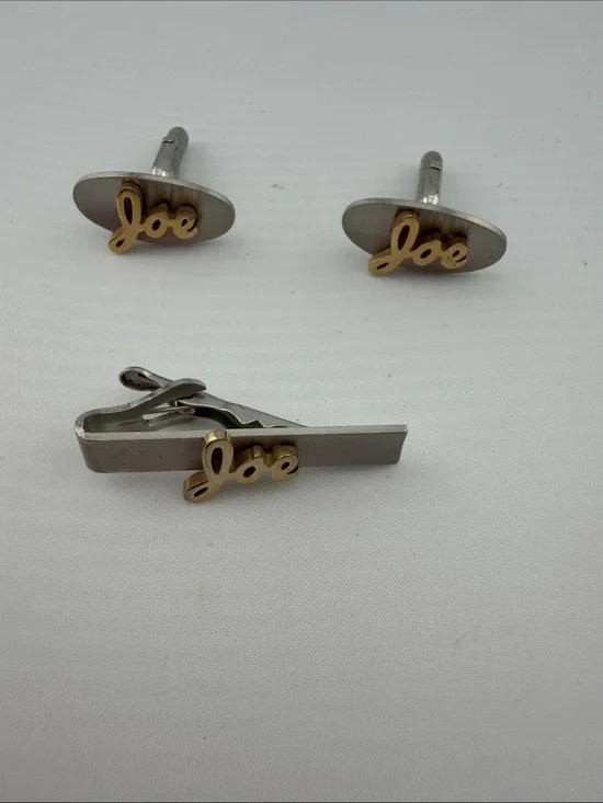 SWANK Two-Tone 'Joe' Script Cufflinks and Tie Bar