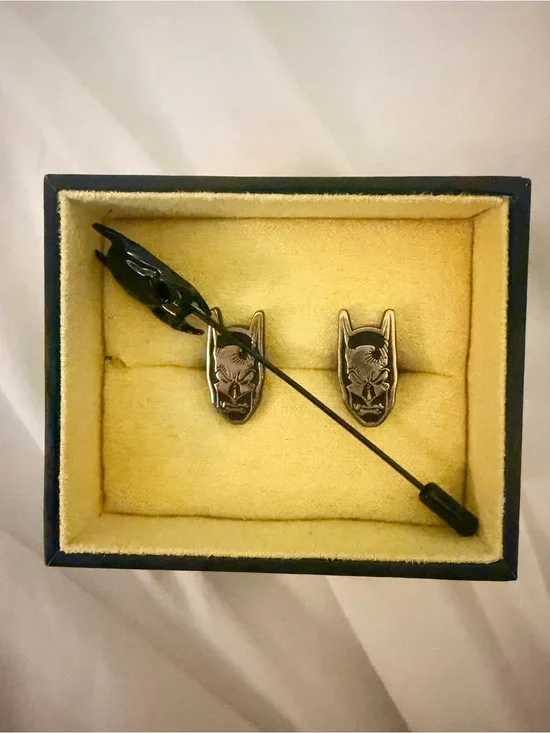 Black Enamel Bat Cufflinks and Lapel Pin Set