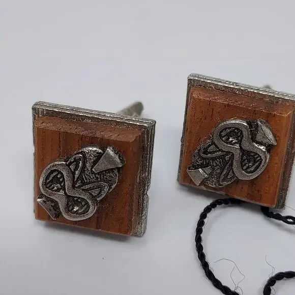 Mens Cufflinks Genuine Hawaiian Monkey Pod Wood Silver Tone Metal War God Emblem