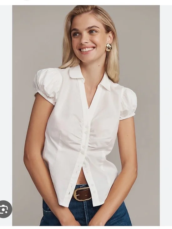 Anthropologie Maeve White Puff-Sleeve Button-Up Blouse