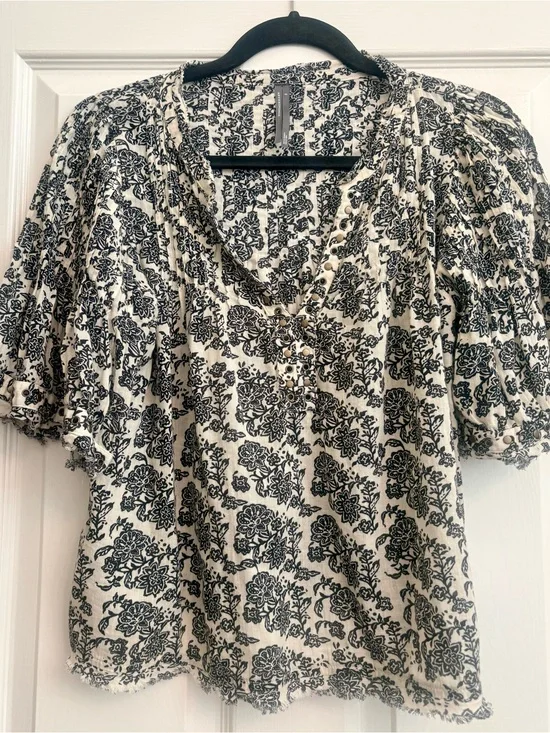 Anthropologie Black Floral Puff Sleeve Blouse on Cream