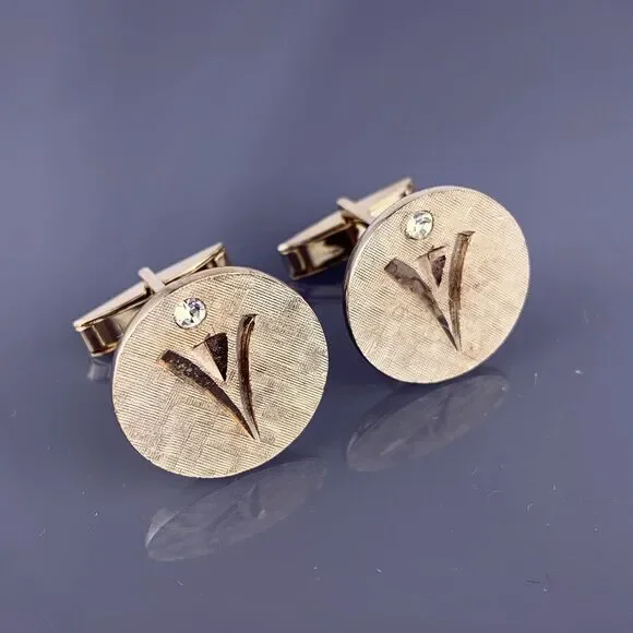 Torch Rhinestone Gold Plated Cufflinks Abstract Carved Textured Vintage