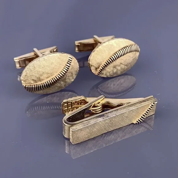 Oval Rope Coil Gold Plated Cufflinks Tie Clip Textured MCM Modern Vintage