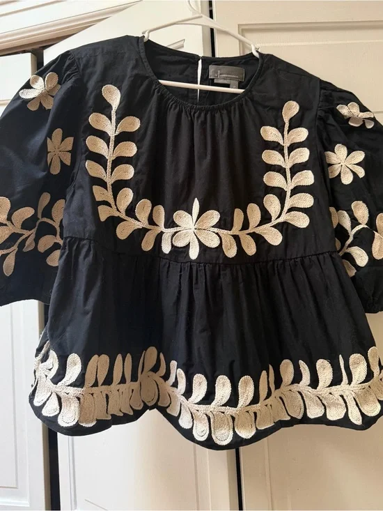 Anthropologie Black Top with Cream Floral Embroidery