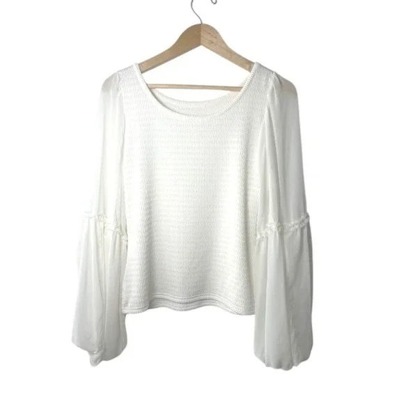 Anthropologie White Smocked Balloon Sleeve‎ Blouse Top XL Boho Romantic