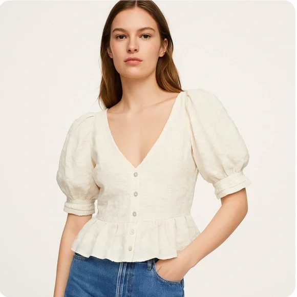Zara Cream Textured Puff Sleeve Button Front Peplum Blouse Size S