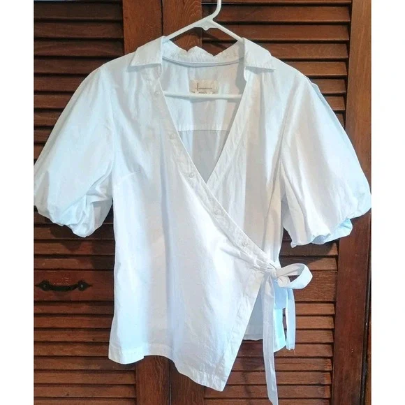 By Anthropologie White Puff Balloon-Sleeve Wrap Blouse Size Large