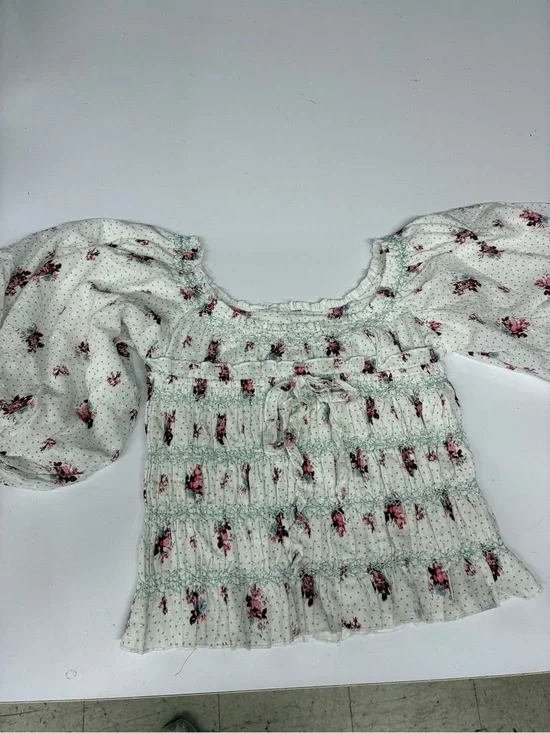 Anthropologie White Floral Smocked Peasant Blouse with Pink Flowers